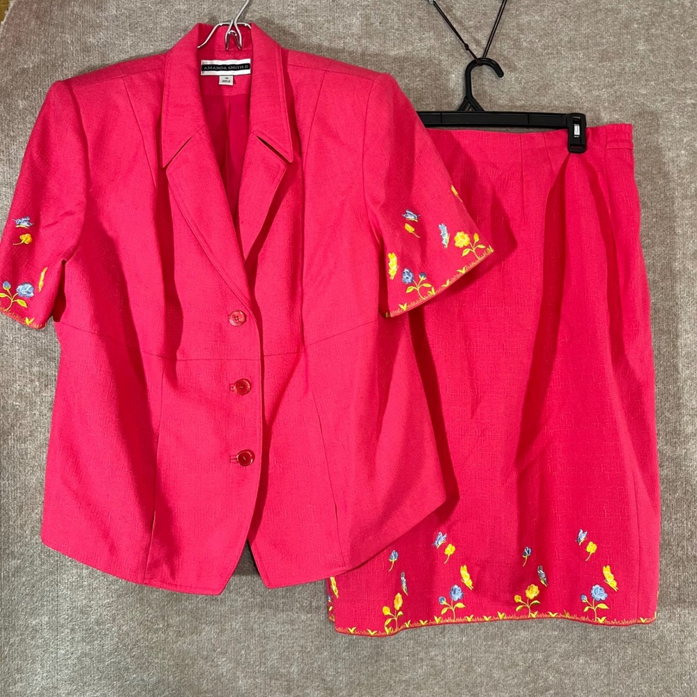 Vintage Amanda Smith Skirt Suit Women 18W Pink Floral Embroidered Cottagecore